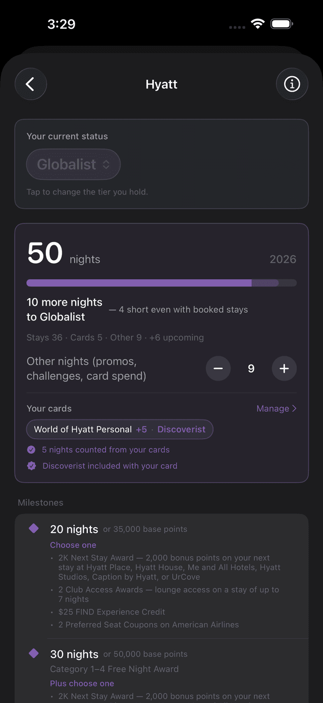 Elite status progress toward Hyatt Globalist