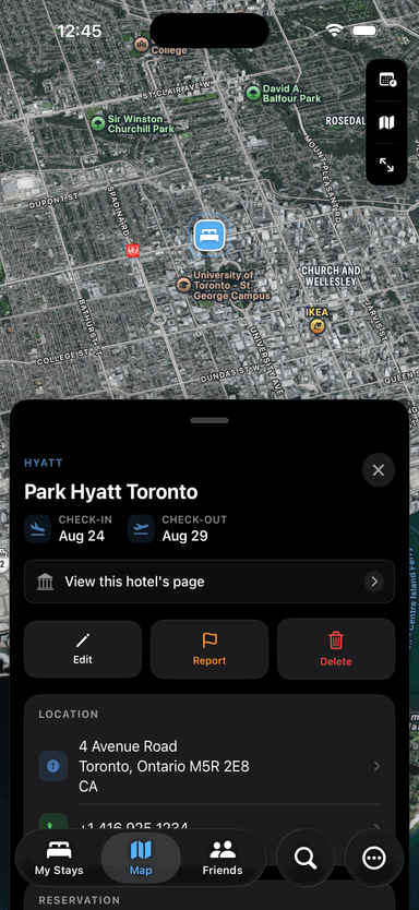 Reservation details for a tapped pin