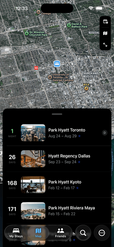 Upcoming stays pinned on a map